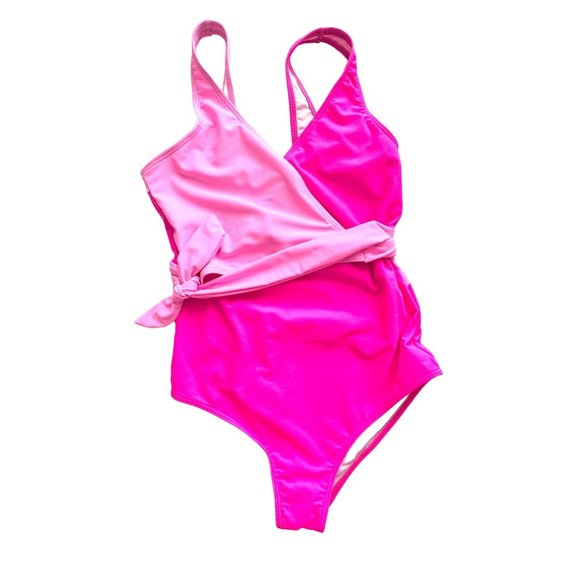 Pink Lily Other - Pink Lily Swimsuit Womens Medium Hot Pink Light Pink Wrap V Neck One Piece